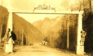 Ruby Egbert is one of the women posing at the Index entry arch on the old Cascade Highway that entered town on the west end. Photo from the Egbert album via Bob Morse.